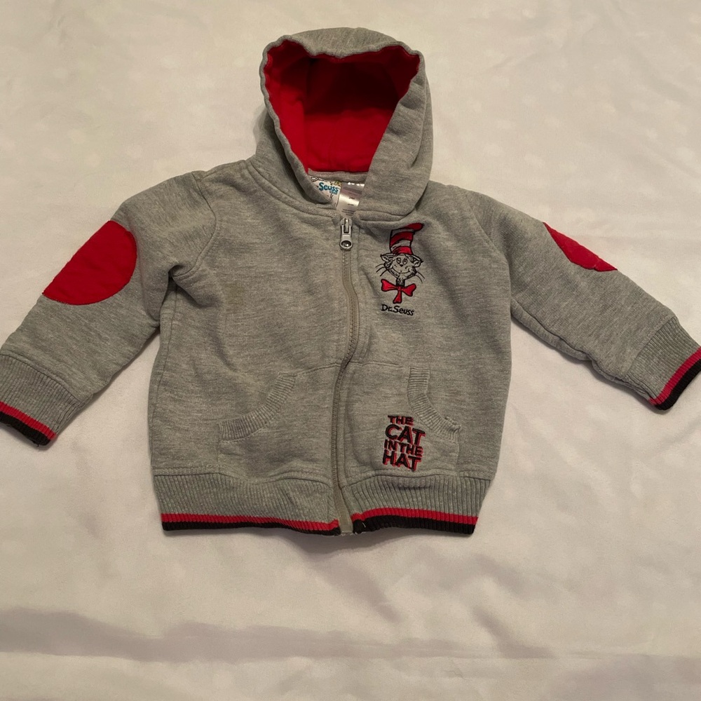 Dr. Seuss Cat in the Hat Gray & Red Kids Hoodie, Full Zip w/Pockets, Size 24M